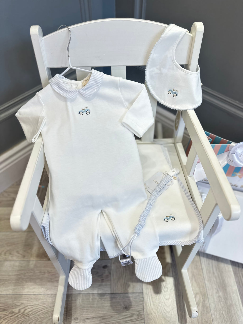 Baby Gi White & blue stripe soother clip