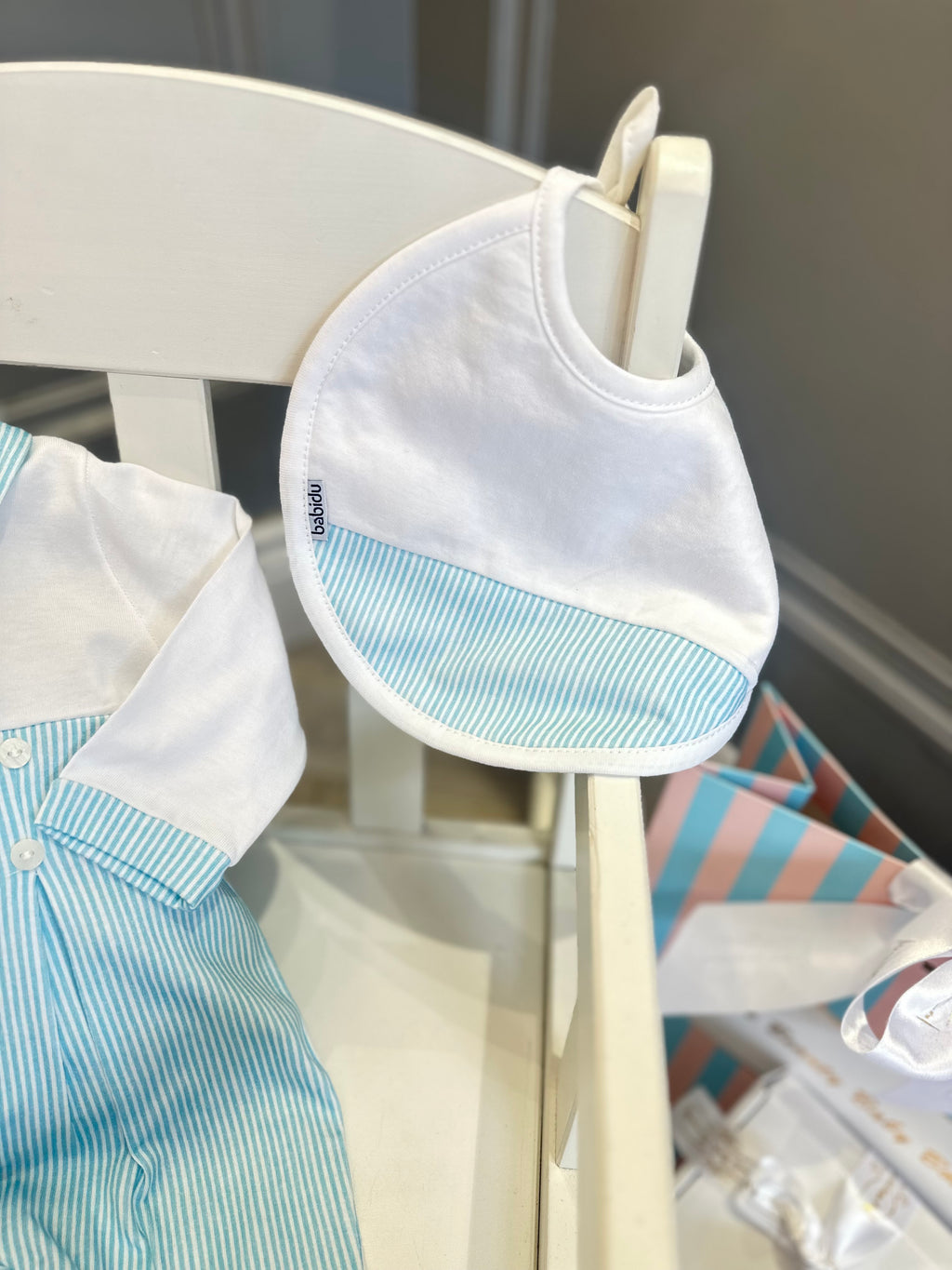 Babidu Mint green stripe babygrow & Bib